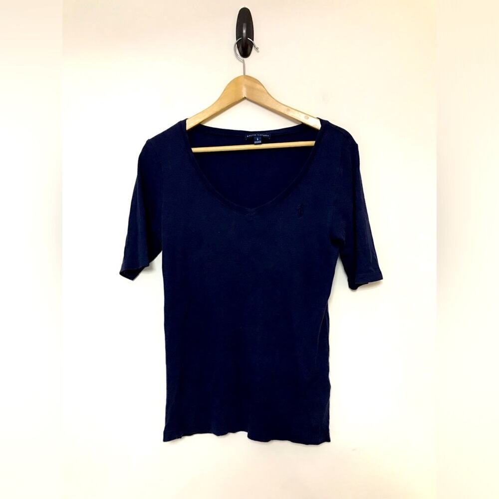 RALPH LAUREN Blue Label cotton blend polo pony logo classic stretch v neck top